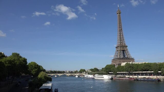 Eiffel Tower in Paris, Traffic Tourboat on Seine, Tourists in Boats, Ships Traveling on Senne River, People Visiting Europe
