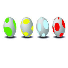 four gray eggs with red, green, yellow and blue spots. dinosaur eggs