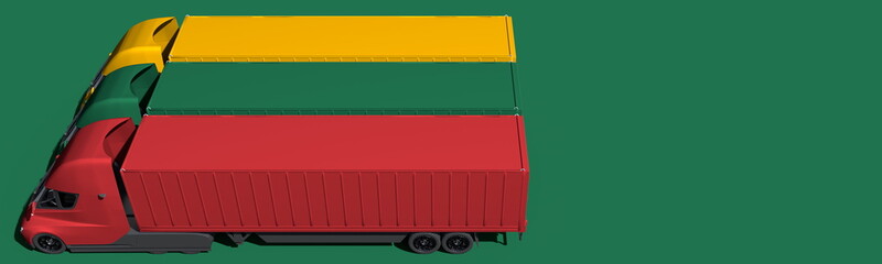 Modern trailer trucks form flag of Lithuania on green background. 3d rendering
