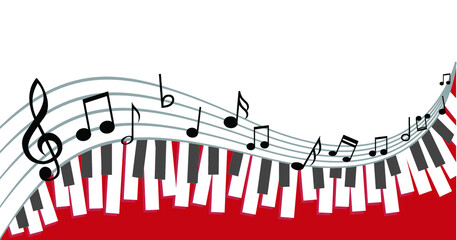 World piano day. Piano keyboard keys sign. instrument. Music notes, musical waves staff, line pattern symbols. Vector key stave background banner. Classic clef Doodle quaver G melody. Cartoon signs. © MarkRademaker