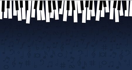 World piano day. Piano keyboard keys sign. instrument. Music notes, musical waves staff, line pattern symbols. Vector key stave background banner. Classic clef Doodle quaver G melody. Cartoon signs. © MarkRademaker