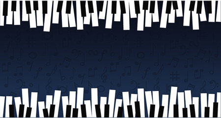 World piano day. Piano keyboard keys sign. instrument. Music notes, musical waves staff, line pattern symbols. Vector key stave background banner. Classic clef Doodle quaver G melody. Cartoon signs.