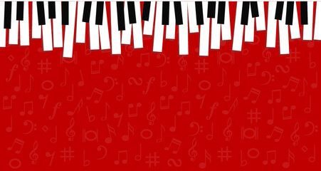 World piano day. Piano keyboard keys sign. instrument. Music notes, musical waves staff, line pattern symbols. Vector key stave background banner. Classic clef Doodle quaver G melody. Cartoon signs. © MarkRademaker