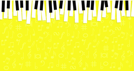World piano day. Piano keyboard keys sign. instrument. Music notes, musical waves staff, line pattern symbols. Vector key stave background banner. Classic clef Doodle quaver G melody. Cartoon signs.