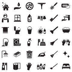 Cleaning Icons. Black Flat Design. Vector Illustration.