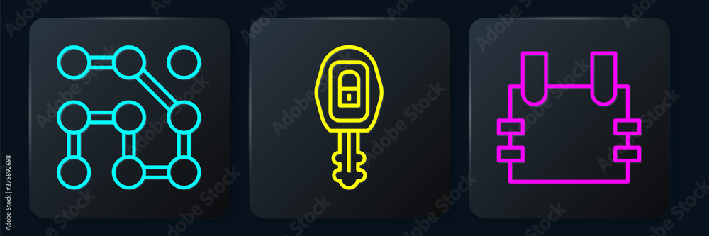 Poster set line graphic password protection, bulletproof vest and car key with remote. black square button.