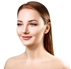 Obraz premium Beautiful young smiling woman with perfect makeup and skin. Isolated on white background.