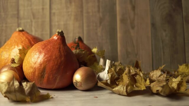 Dry leafs are falling at the table with pumpkins and onions with garlic standing there. Leafs are falling as the symbol of autumn and harvest celebration. Theme of seasonal vegetables.