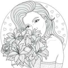 Girl holding a bouquet of flowers.Coloring book antistress for children and adults. Illustration isolated on white background.Black and white drawing.Zen-tangle style.