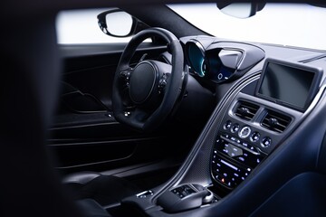 Fototapeta na wymiar Super sports car interior with leather black seats