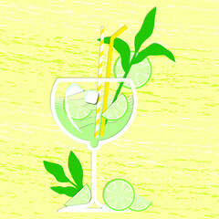 Paper illustration of a glass of drink with lime ice, lime branch and straws