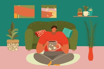 Composition relax home, cartoon man, room sitting, comfort pose, sketch simple sofa design, cartoon style vector illustration. Modern leisure, lifestyle concept, drawing cozy, comfortable atmosphere.