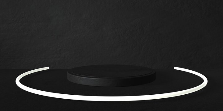 Espositore vuoto circolare Pietra nera su fondo pietra, luce neon, podio o piedistallo per esposizione prodotti, base circolare con sfondo vuoto, Rendering 3D, visione frontale