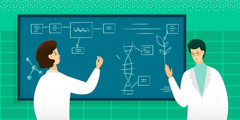Scientists doing research in lab illustration. Woman and man working in medical laboratory. Innovation teamwork vector. Chemists writing on blackboard and explaining chemical experiment