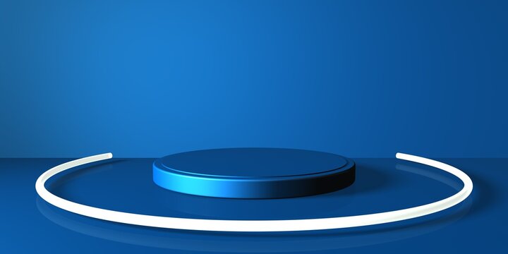 Espositore vuoto circolare blu su fondo blu, podio o piedistallo per esposizione prodotti, tubo neon, base circolare con sfondo vuoto, Rendering 3D, visione frontale