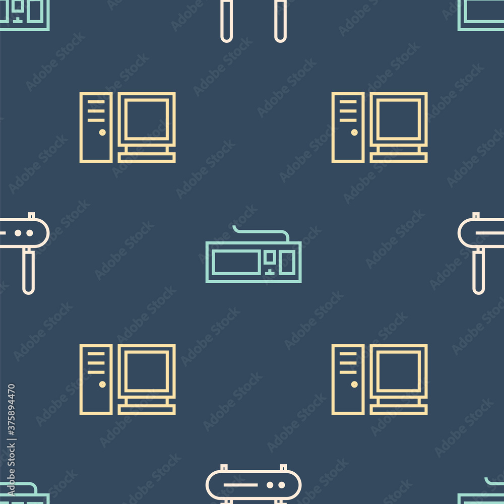 Poster set line router and wi-fi signal, computer monitor and keyboard on seamless pattern. vector.