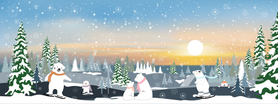Vector winter landscape with mountain landscape of misty pine trees forest in the morning, Peaceful panorama natural with happy family polar bear and cubs relaxing in evening