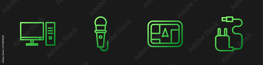 Poster set line gps device with map, computer monitor, microphone and charger. gradient color icons. vector