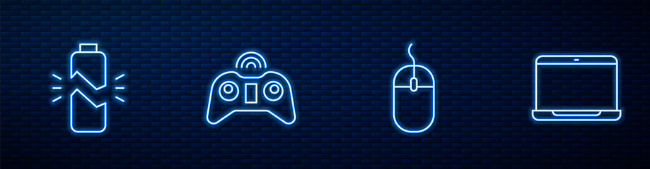 Set line Computer mouse, Broken battery, Wireless gamepad and Laptop. Glowing neon icon on brick wall. Vector. © Vadim