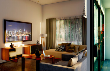 render 3d. casa interior-living -amoblado- 