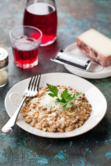 Risotto with meat and cheese ketogenic diet style, selective focus