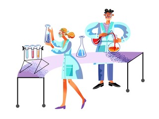 Scientists in laboratory scene. People in white coats do research at lab equipment and chemical tests. Vector character illustration of science.
