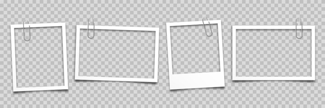 Realistic empty photo card frame, film set. Retro vintage photograph with paper clip. Digital snapshot image. Template or mockup for design. Vector illustration.