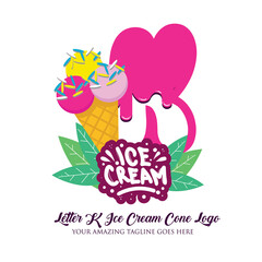 Letter K Melting Ice Cream Balls in the Waffle Cone Isolated on White Background. Vector Flat Modern Style. Colorful Logo in Cartoon Style Illustration for Ice Cream Shop Café and Restaurant
