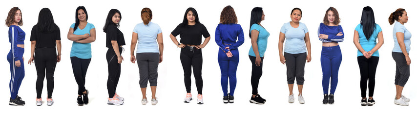 Fototapeta premium large group back, front and side view of Latin American women with sportswear on white background