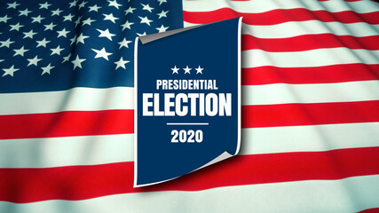 poster with presidential election 2020 announcement, waving US flag on background, 3d illustration