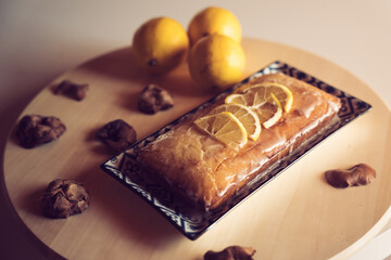 Lemon Cake with lemons and lemon slices