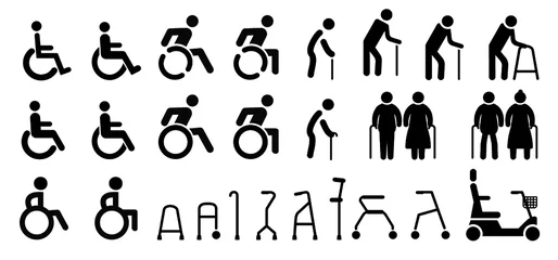 Foto auf Leinwand Set icons that represent orthopedic equipment wheelchair crutches Aid  mobility Human Vector eps icon symbool sign Handicap medical health hospital toilet wc bathroom illness funny old woman man © MarkRademaker