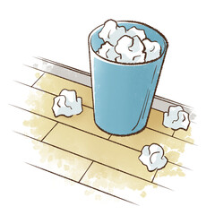 フローリングの床に置かれたゴミ箱とあふれるゴミ