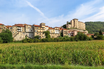 Fototapeta na wymiar Backgrounds of the old houses of the medieval city of Monesiglio, Piedmont region, Cuneo province, Italy