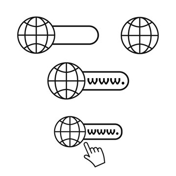 Web site icons set. Internet browser bar, globe, computer mouse arrow. Vector isolated. Black signs on a white background. WWW