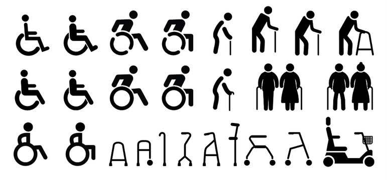 Set icons that represent orthopedic equipment wheelchair crutches Aid  mobility Human Vector eps icon symbool sign Handicap medical health hospital toilet wc bathroom illness funny old woman man