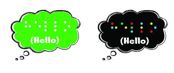 Slogan hello. World braille day, Blind day. Alphabet for blind, reading braille code signs. Vector sign or walking symbol. Text touching the relief hand finger. Louis Braille france Coupvray.