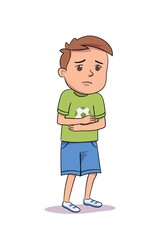 Depressed sick boy hugging himself, clasping hands. Child isolated on white background. Vector character illustration of children gestures, emotions, types of moods.