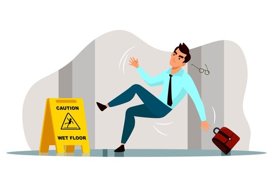 Vector businessman falling on slippery wet floor