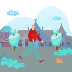 Man walk dog, city people, pet leash, owned pet, puppy play park, colorful background, design, cartoon style vector illustration. Young little friend relaxing together, training team, vacation concept