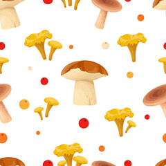 Seamless pattern with edible mushrooms and berries. Nature gifts ornament on white background.