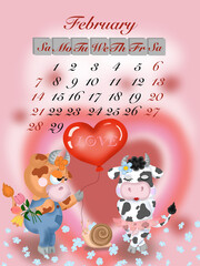 calendar with the symbol of the year bull for 2021 February