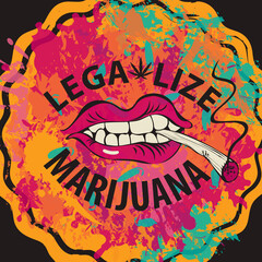 Banner for legalize marijuana. Vector illustration with a human mouth with a joint or a cigarette in his teeth on abstract background in form of bright spots. Smoking weed. Drug consumption