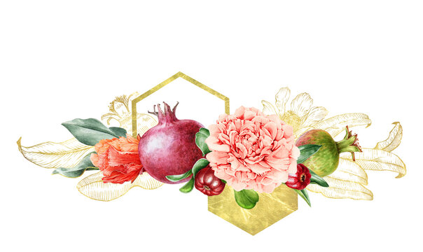 Peony and pomegranate fruit and flower watercolor arrangement. Hand drawn floral illustration with blossoms, palm leaves and golden geometric decor. Exotic lush arrangement on white background