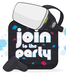 Sign with Headset and Joystick Inviting you to VR Party, Vector Illustration