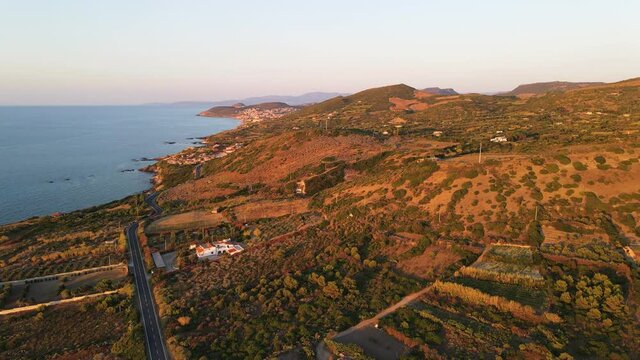 Aerial panoramic drone view at sunset of the hinterland of Sardinia, Italy