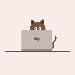 A brown cat is sitting on a table at a laptop. Cat to learn
