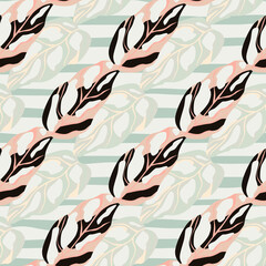 Light monstera silhouettes seamless pattern. Stripped pastel background with pink and black colored botanic ornament.