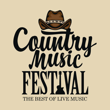 Poster for a country music festival with a brown cowboy hat, an electric guitar and inscription in retro style. Suitable for for banner, playbill, flyer, invitation, cover, t-shirt design