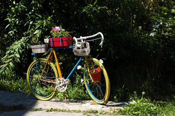 Fototapeta na wymiar decorative bicycle with flowerpots on the street